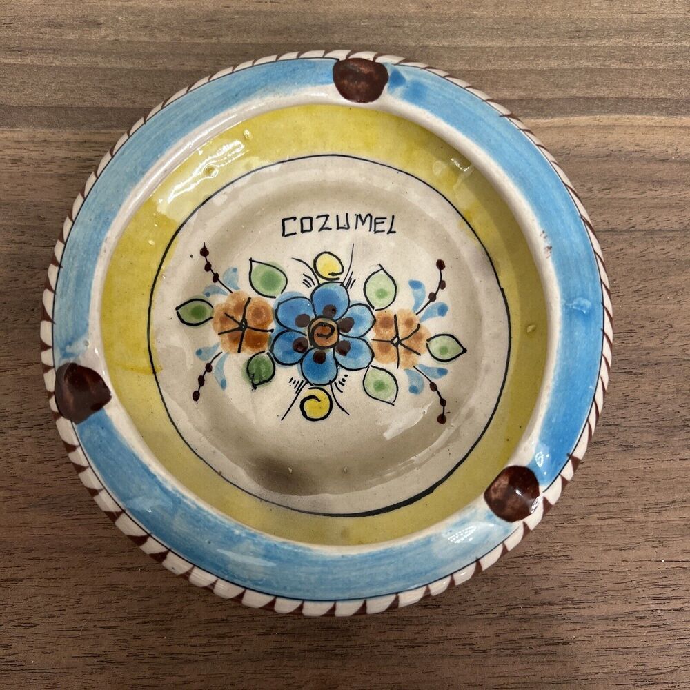 Vintage Tonala Hand‎ Painted Art Pottery Ash Tray Cozumel Made in Mexico